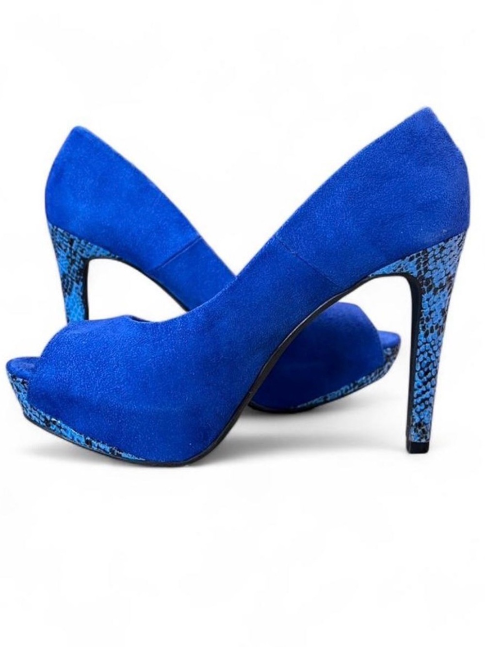 Limelight Royal Blue Suede Peep-Toe Heels with Snake-Print Accents